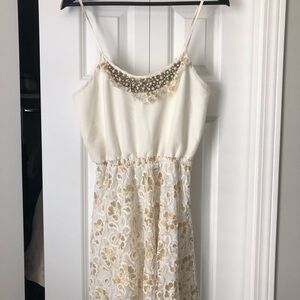 Angie White Dress with Gold Lace and Pearl Details